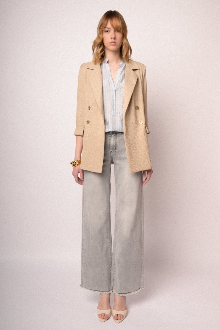 Grey denim frayed hem wide-leg trousers