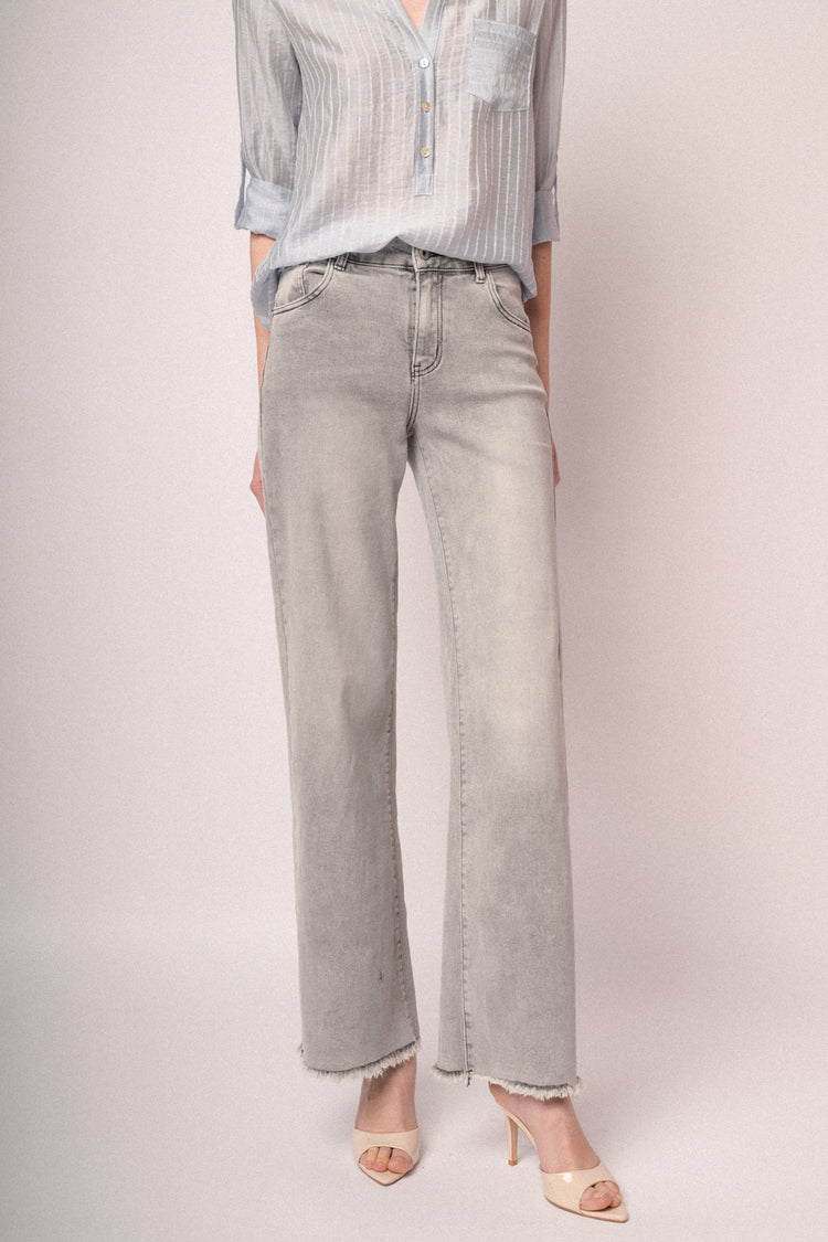 Grey denim frayed hem wide-leg trousers