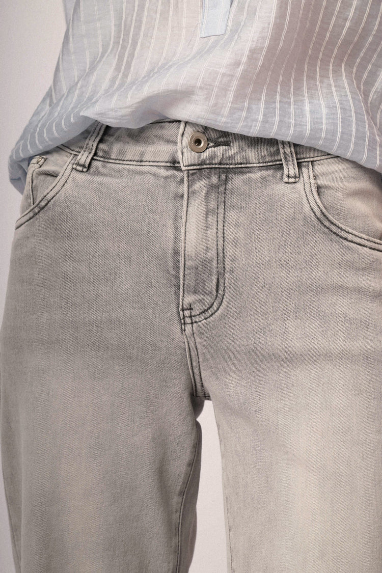 Grey denim frayed hem wide-leg trousers