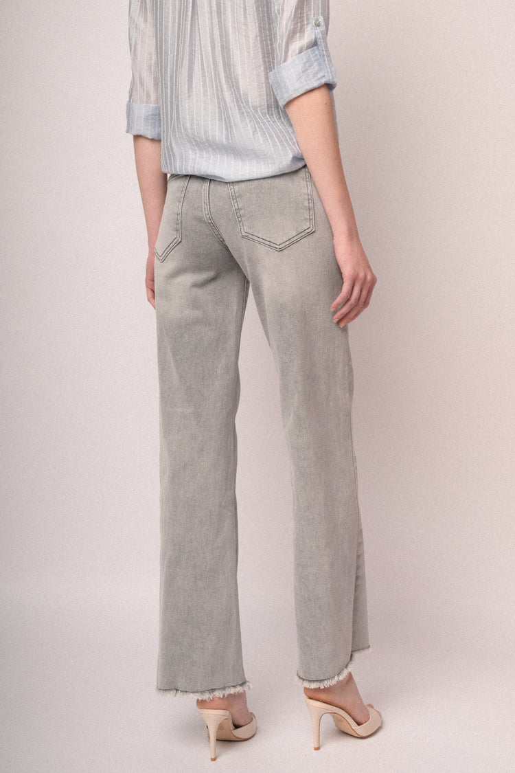 Grey denim frayed hem wide-leg trousers