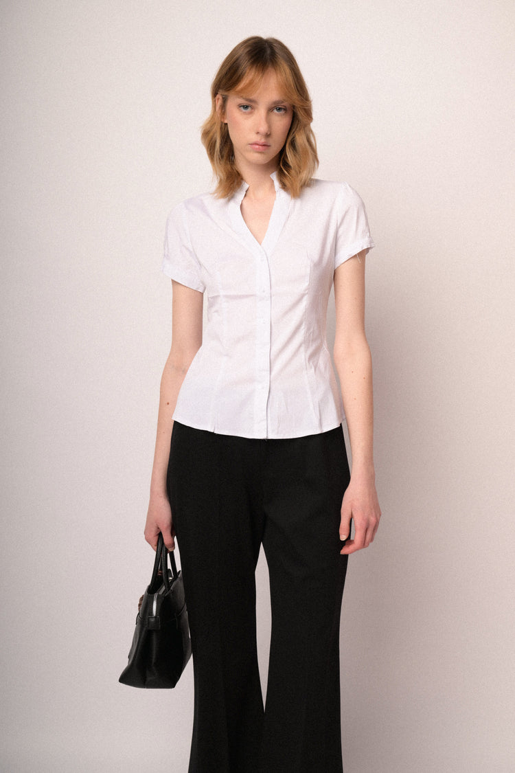 White stretch cotton ruffled collar shirt