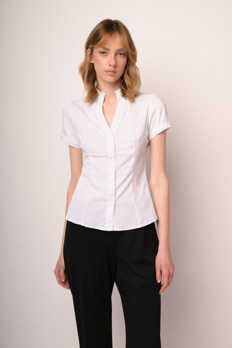 White stretch cotton ruffled collar shirt