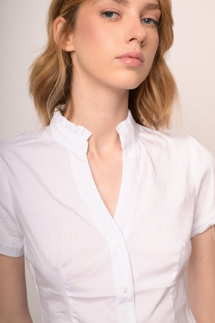White stretch cotton ruffled collar shirt