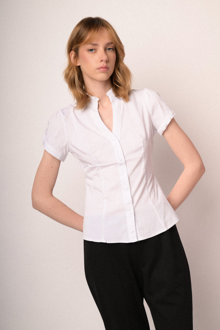 White stretch cotton ruffled collar shirt