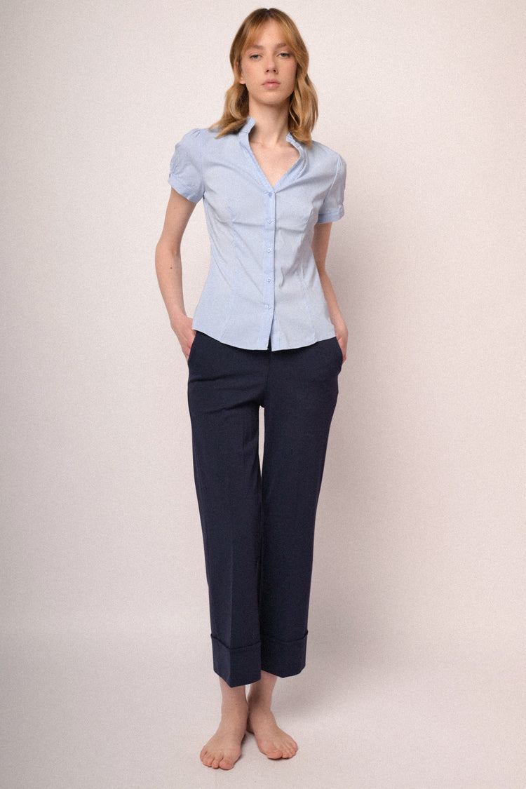 Sky blue striped stretch cotton ruffled collar shirt