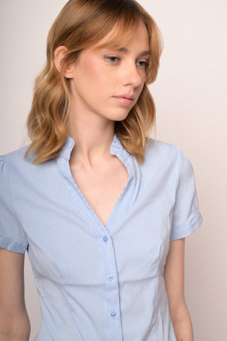 Sky blue striped stretch cotton ruffled collar shirt