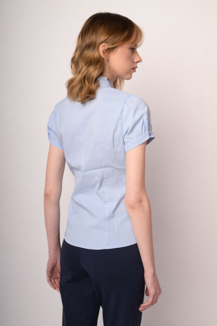 Sky blue striped stretch cotton ruffled collar shirt