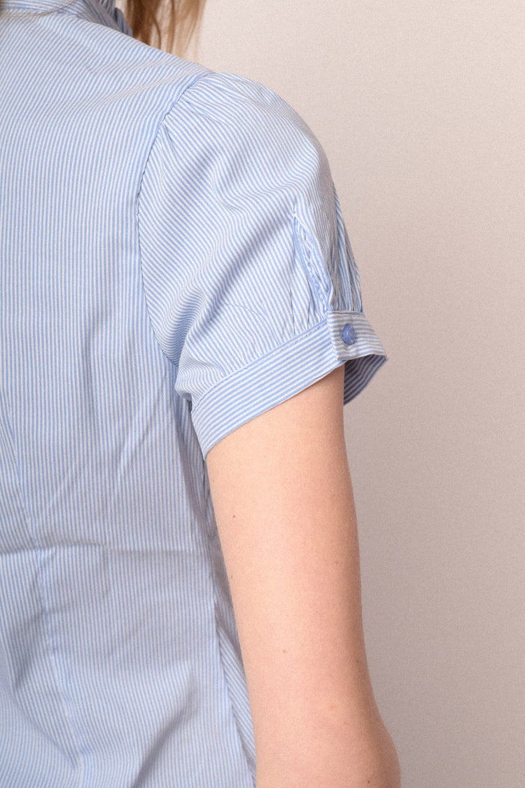 Sky blue striped stretch cotton ruffled collar shirt