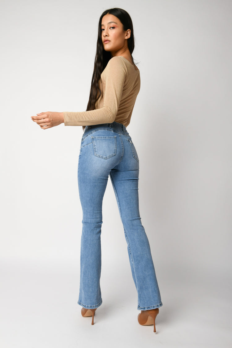 Jewel button flared jeans