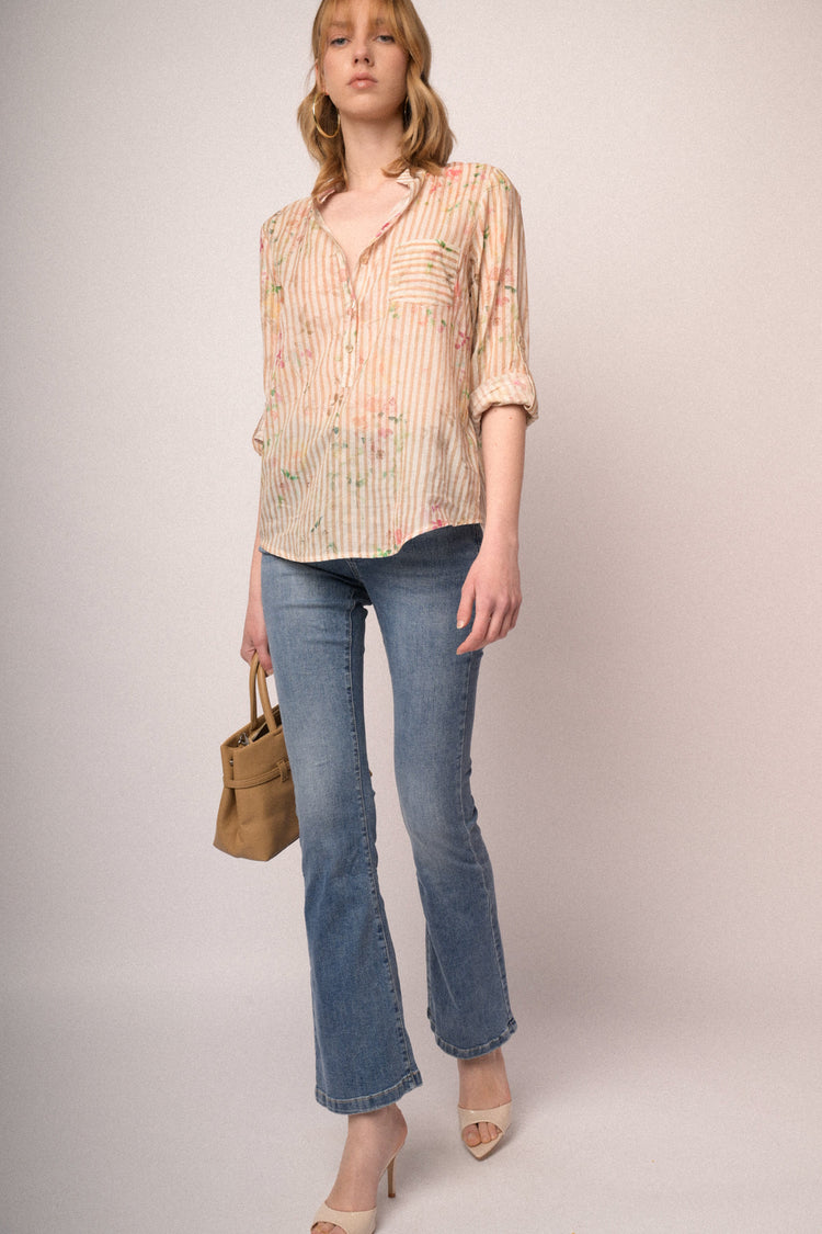 Blue denim jewel-button flared leg jeans