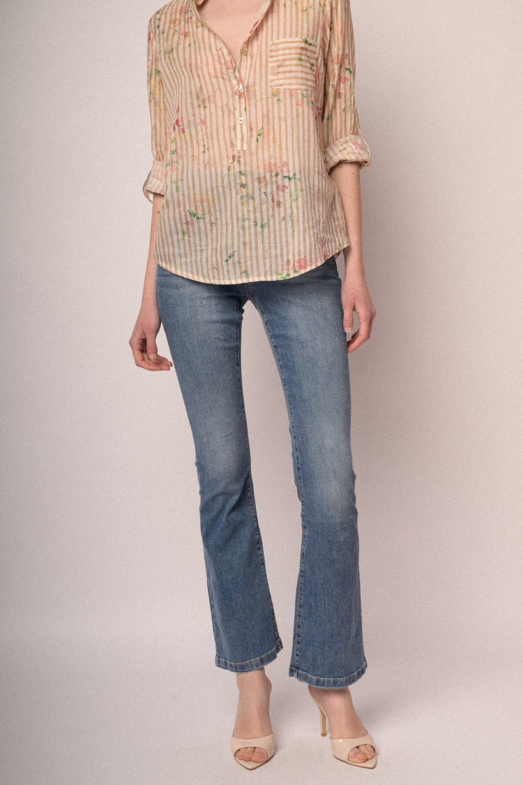 Blue denim jewel-button flared leg jeans
