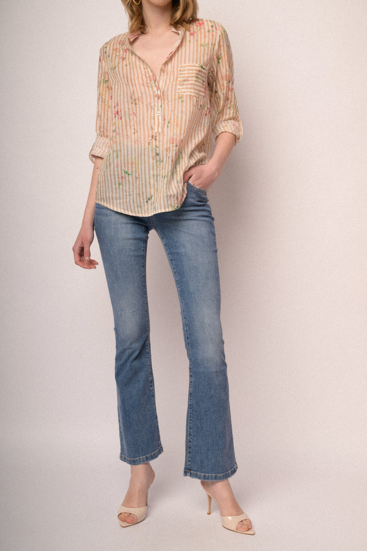 Blue denim jewel-button flared leg jeans