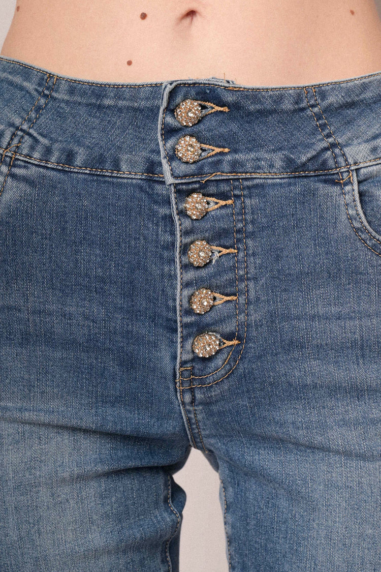 Blue denim jewel-button flared leg jeans
