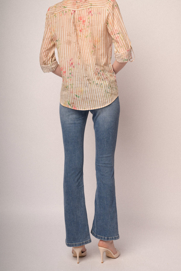 Blue denim jewel-button flared leg jeans