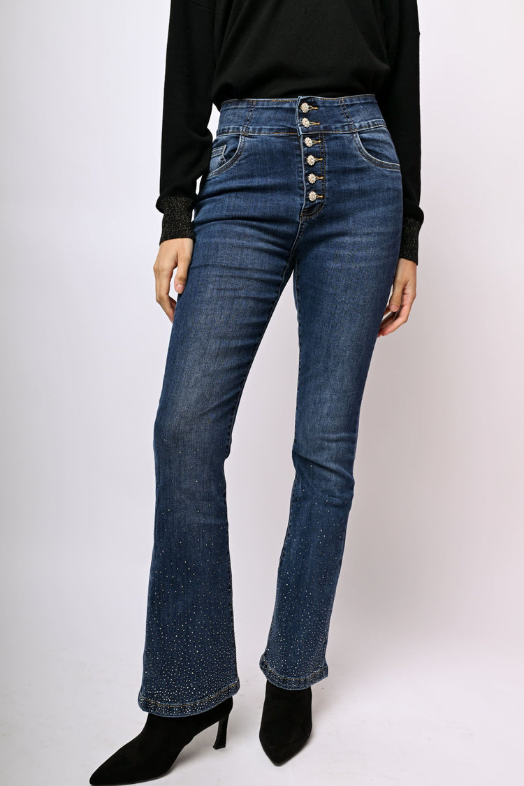 Jewel-buttons and rhinestone flared jeans