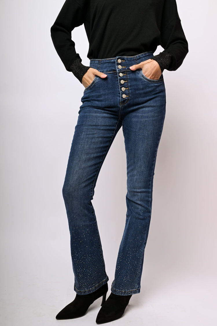 Jewel-buttons and rhinestone flared jeans