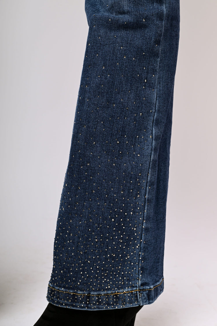 Jewel-buttons and rhinestone flared jeans