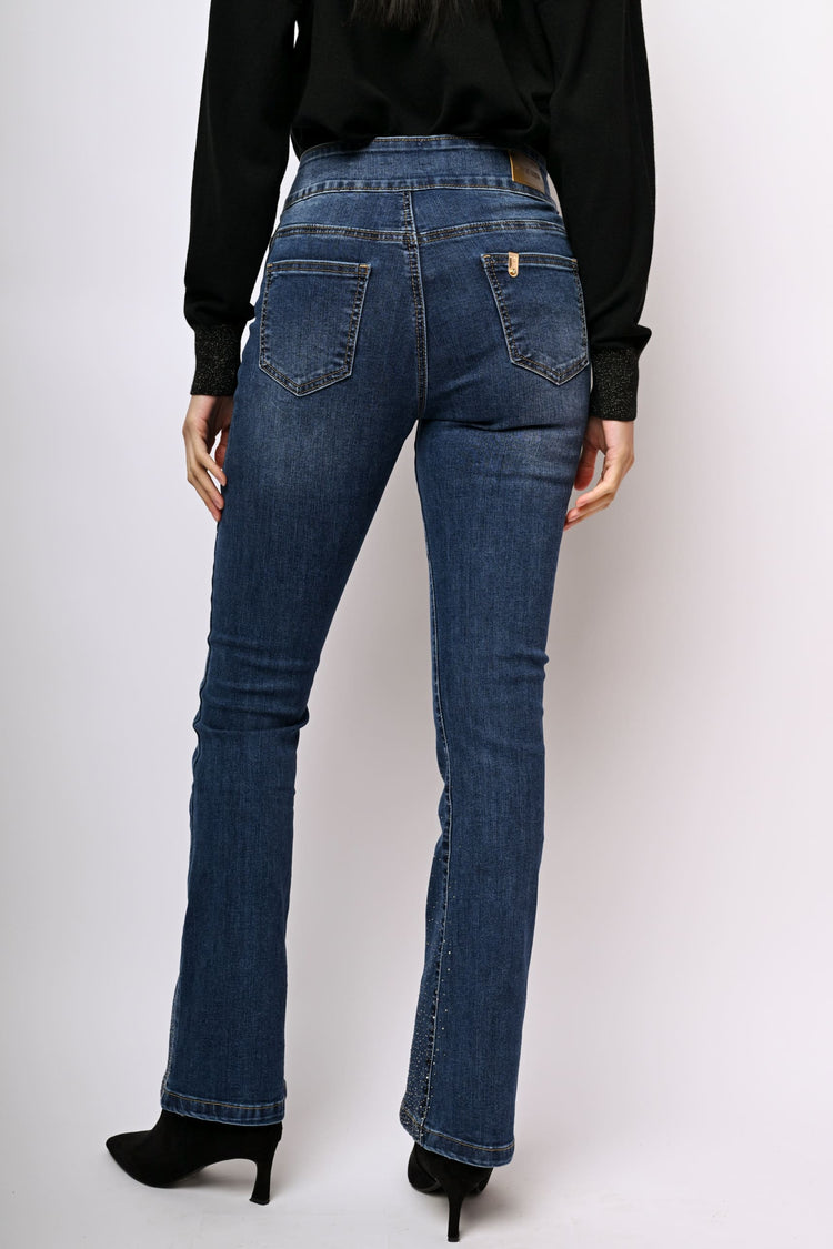 Jewel-buttons and rhinestone flared jeans