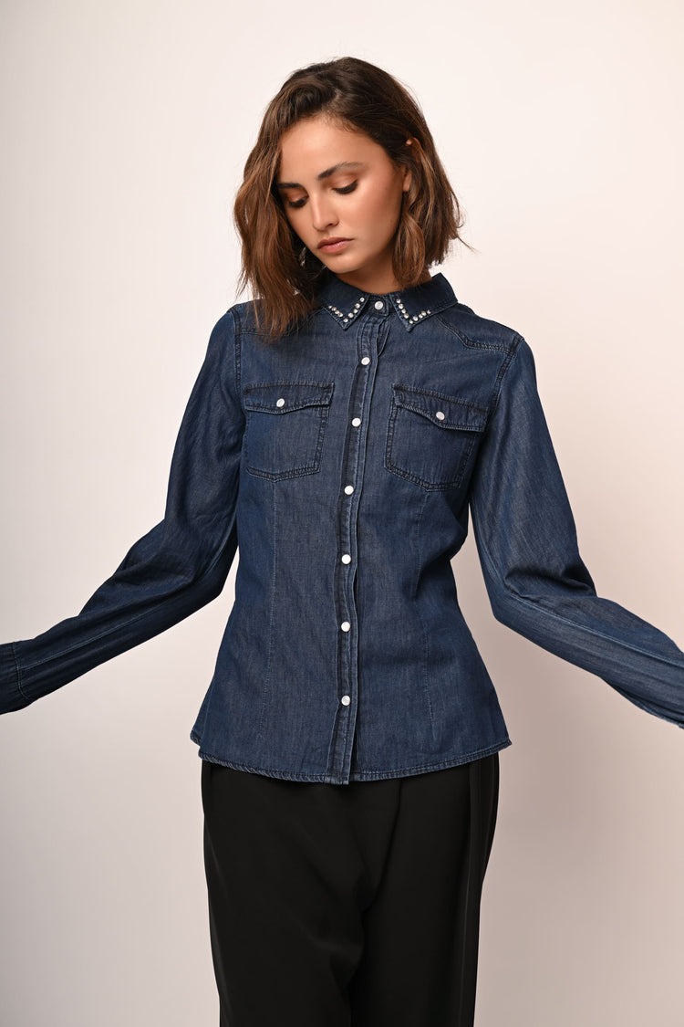 Rhinestone collar denim shirt