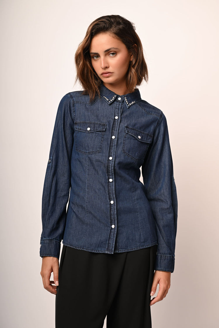 Rhinestone collar denim shirt