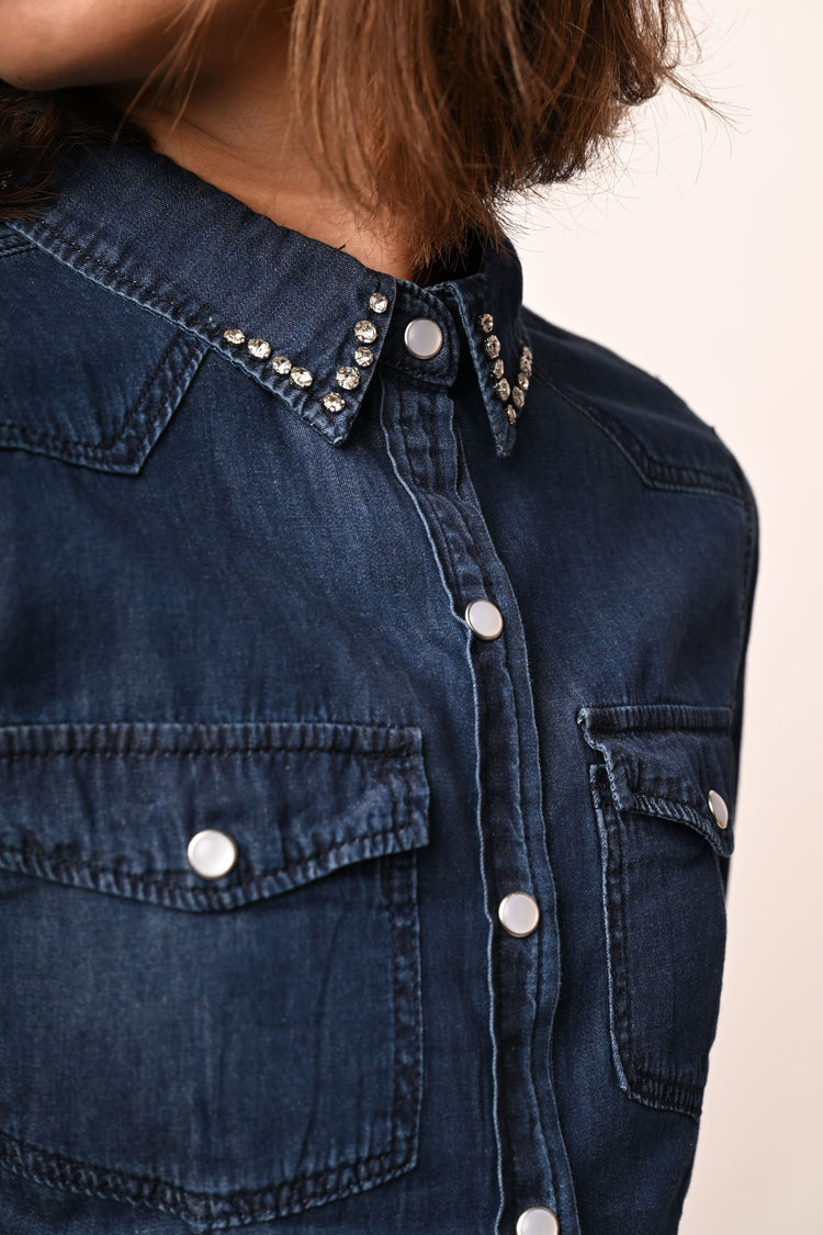 Rhinestone collar denim shirt