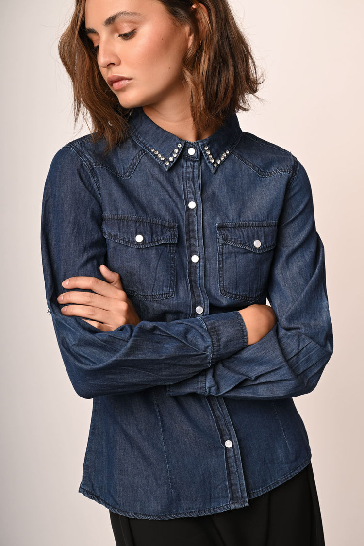 Rhinestone collar denim shirt