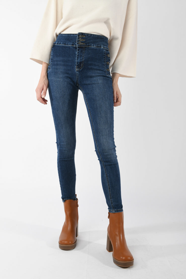 Button-detail skinny jeans