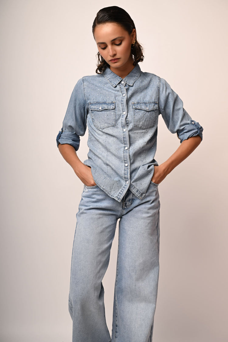Rhinestone-embellished denim shirt