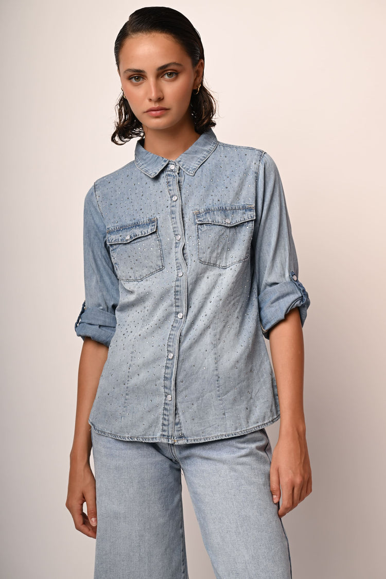 Rhinestone-embellished denim shirt