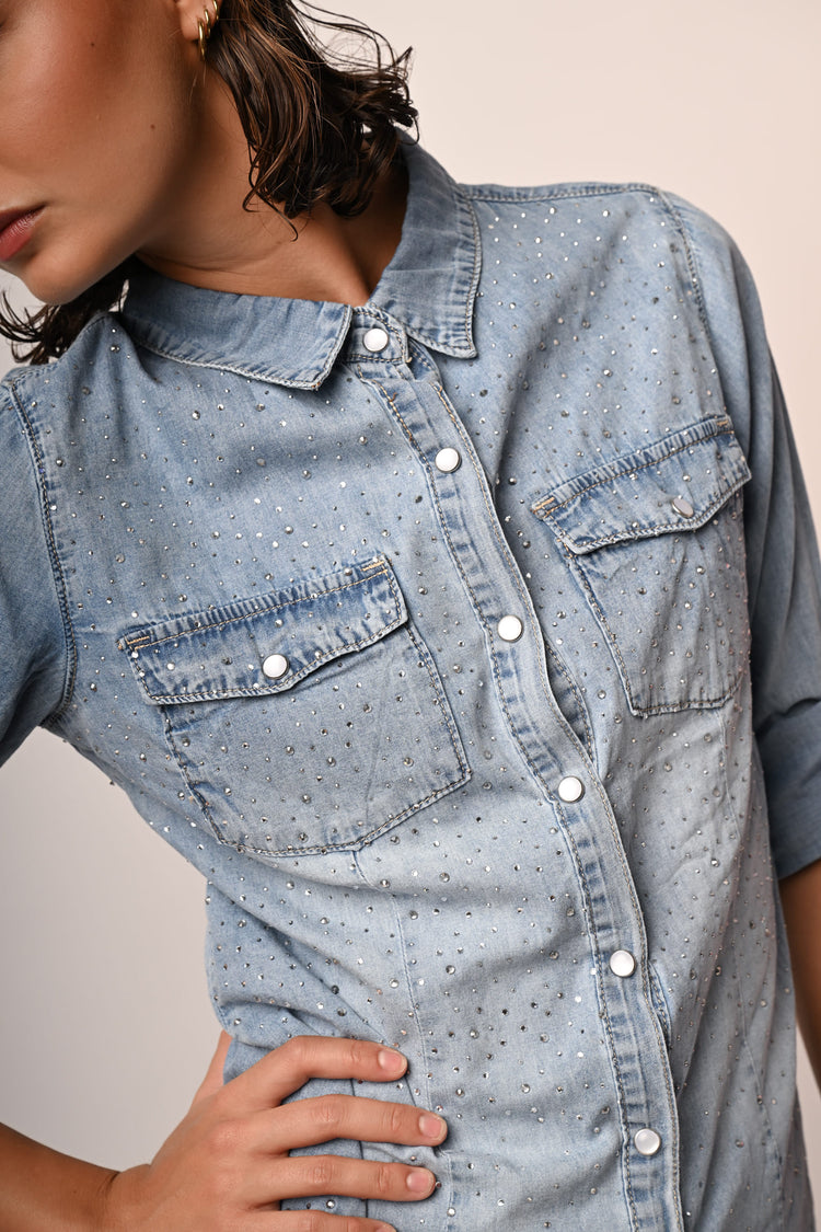 Rhinestone-embellished denim shirt