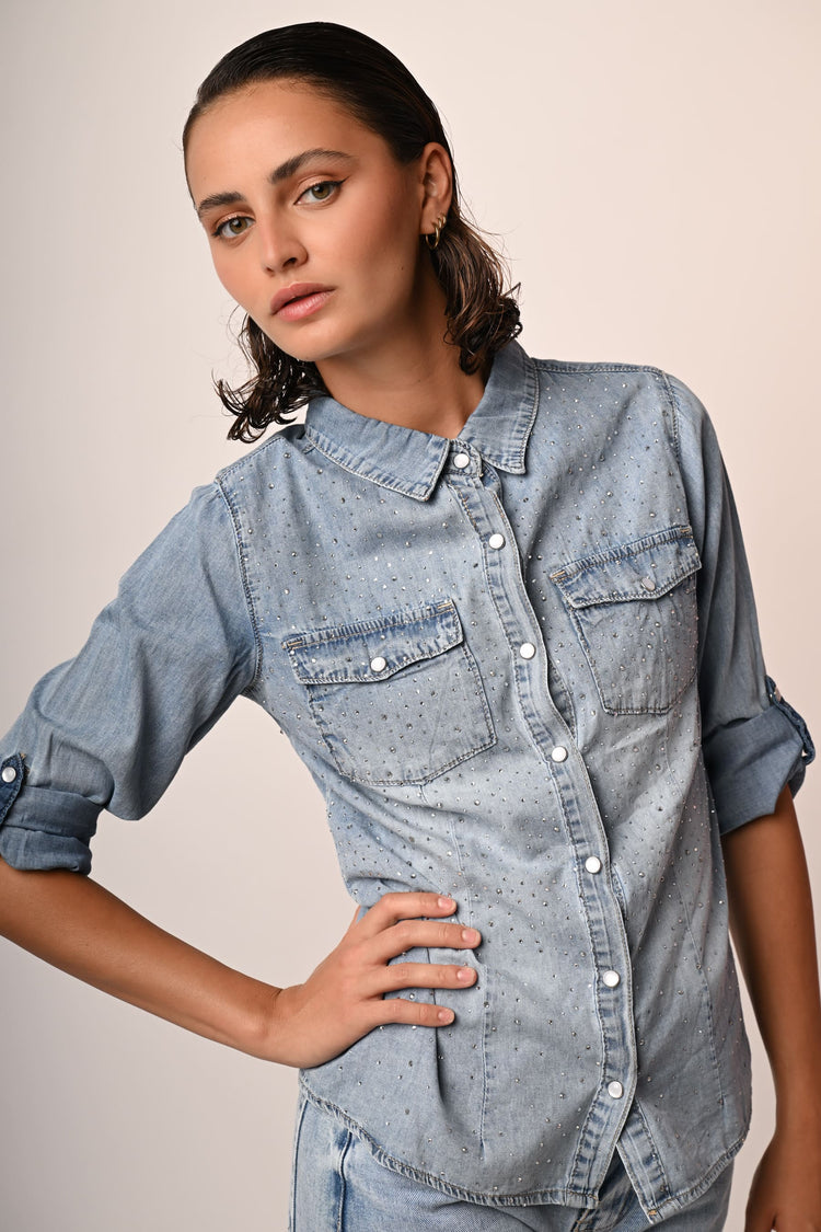 Rhinestone-embellished denim shirt