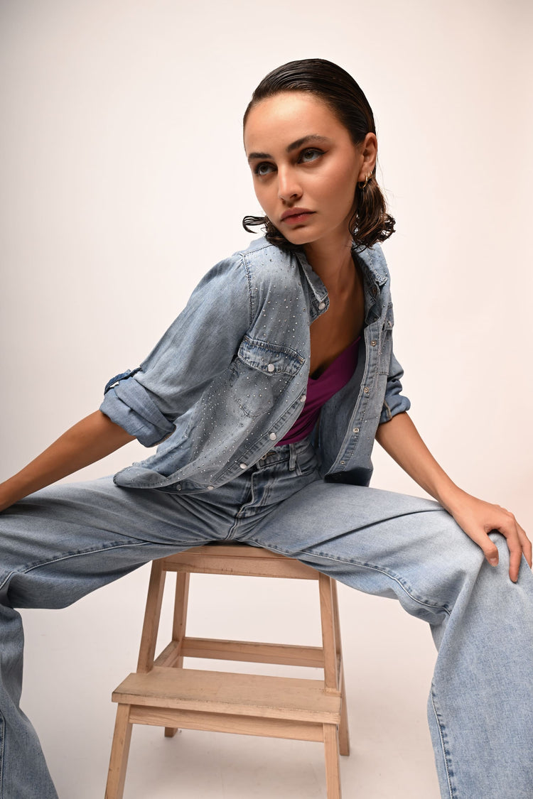 Rhinestone-embellished denim shirt