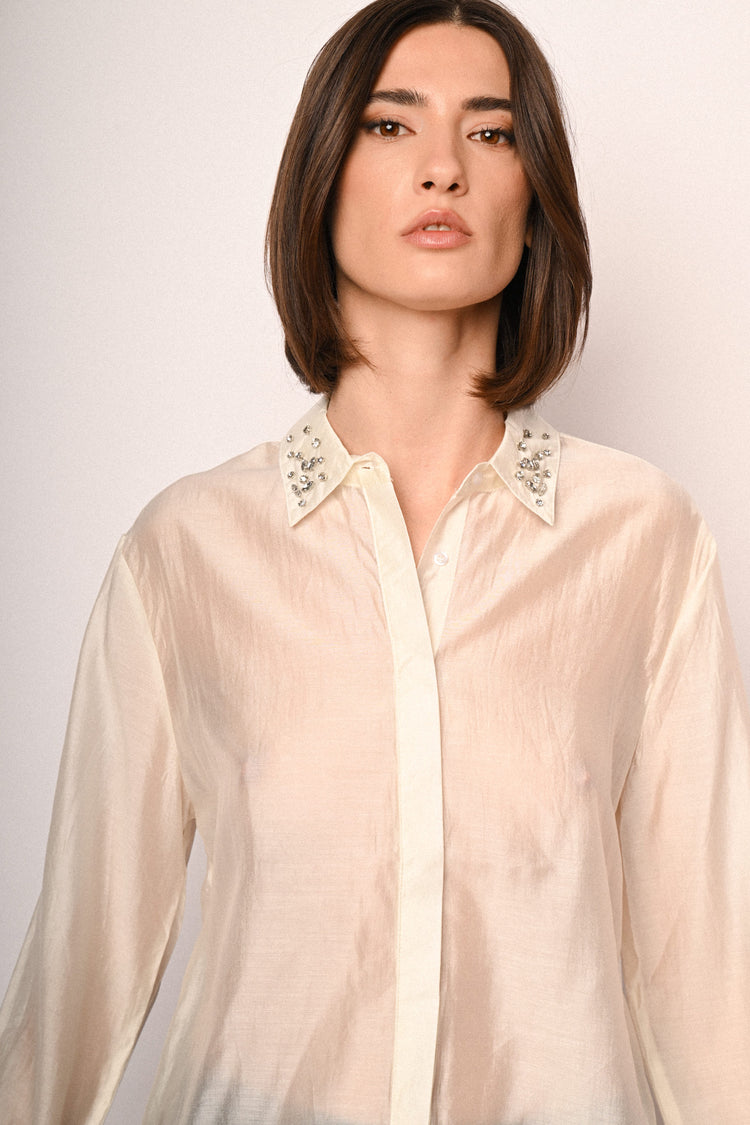 Jewel-collar lyocell-blend shirt