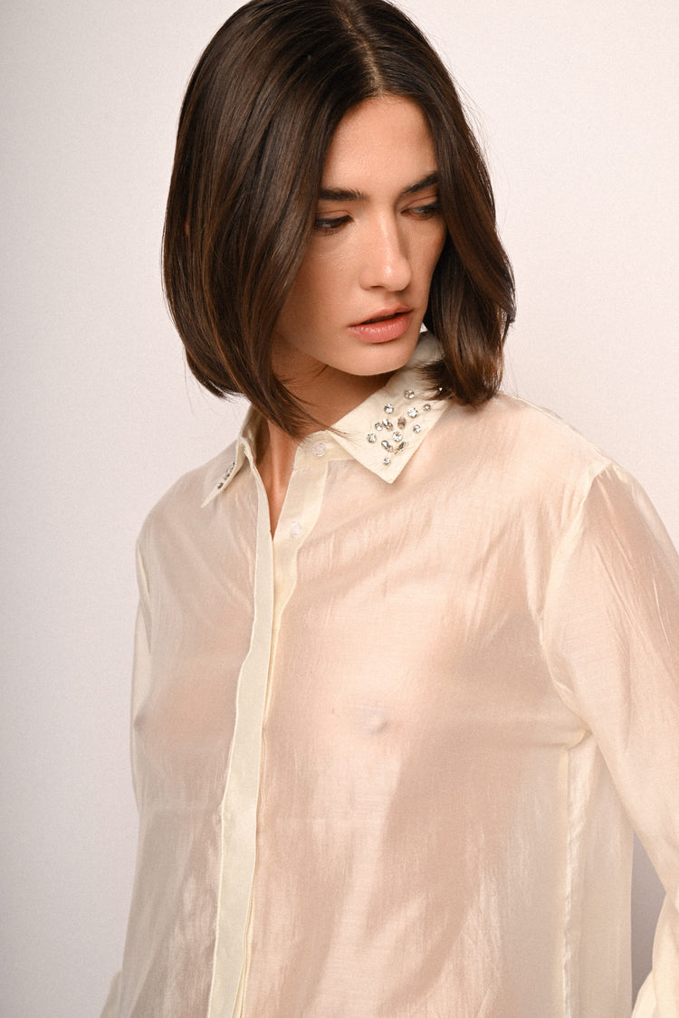 Jewel-collar lyocell-blend shirt