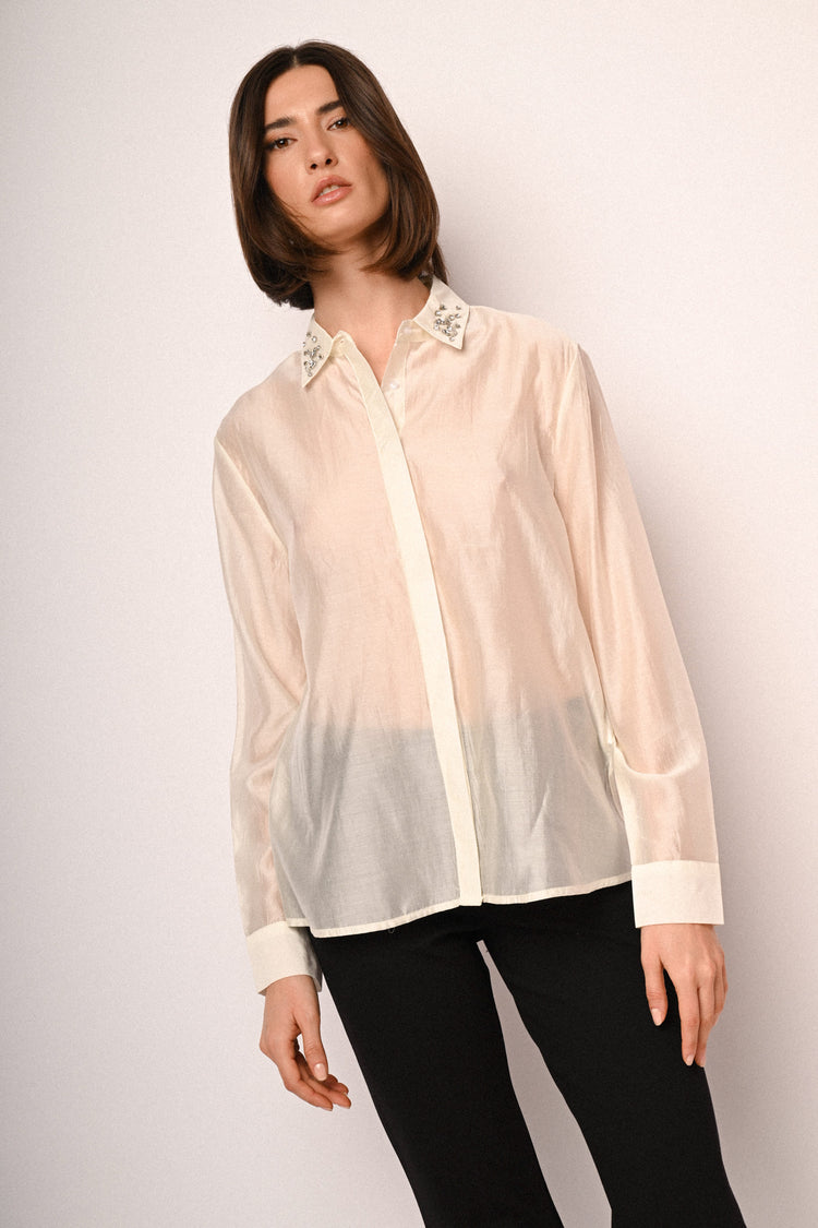 Jewel-collar lyocell-blend shirt
