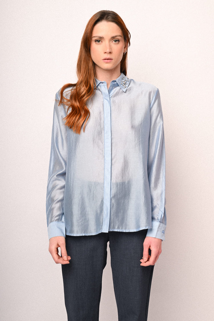 Rhinestone-collar lyocell shirt