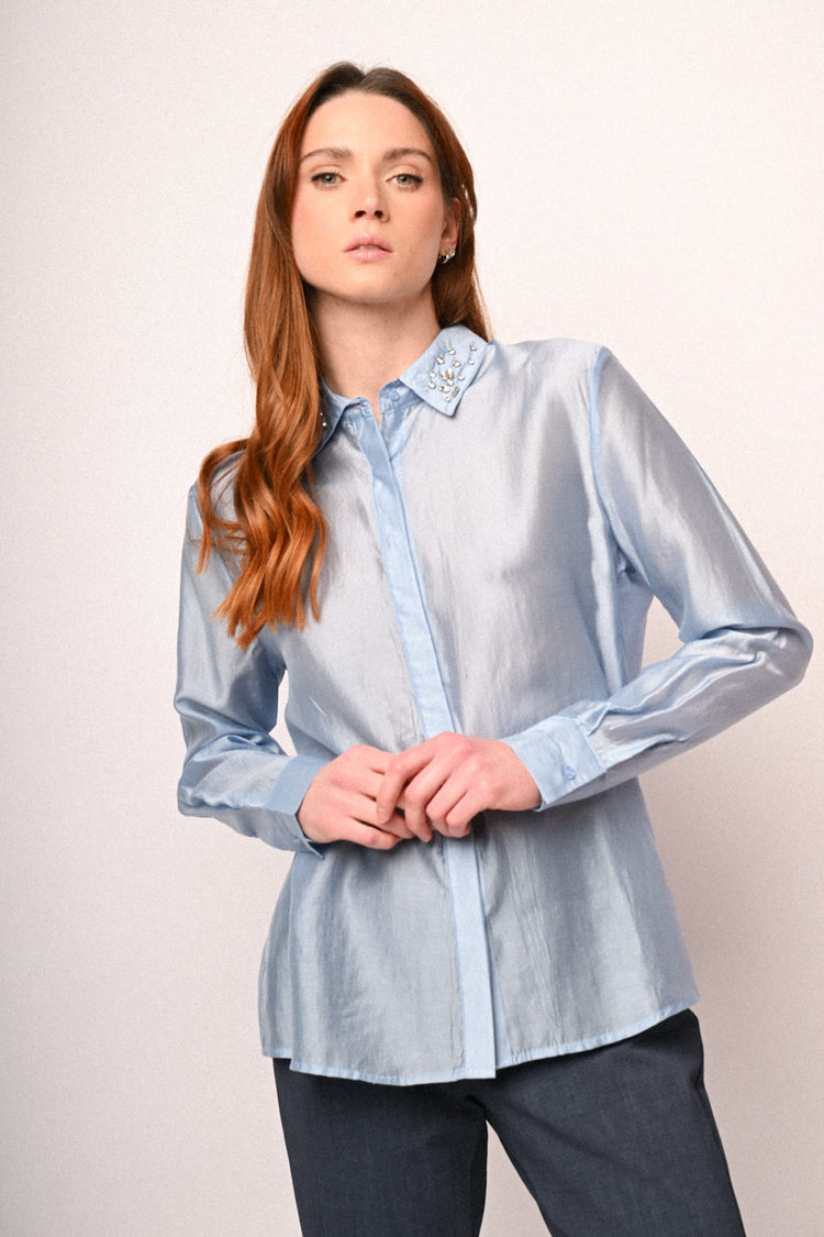 Rhinestone-collar lyocell shirt