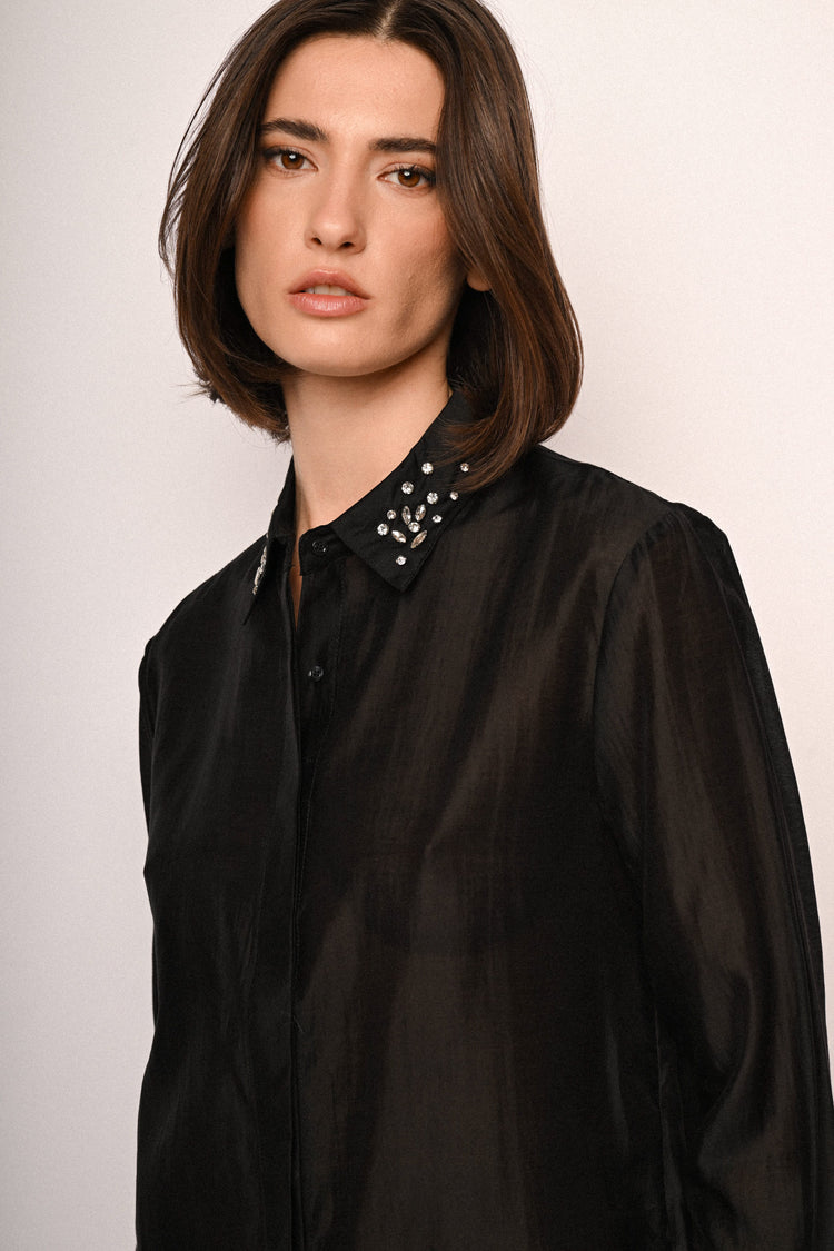 Jewel-collar lyocell-blend shirt