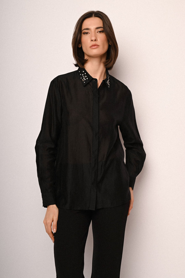 Jewel-collar lyocell-blend shirt