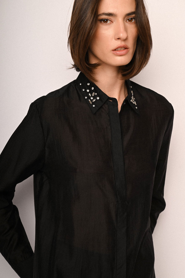 Jewel-collar lyocell-blend shirt