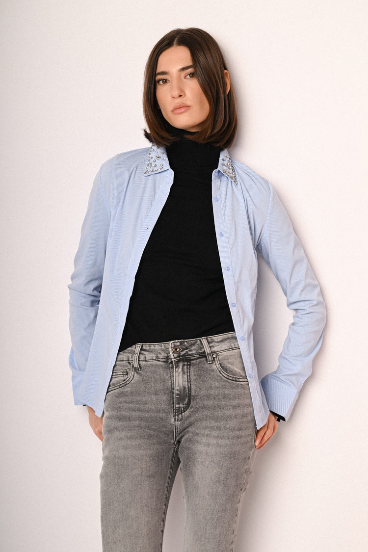 Rhinestone collar striped shirt