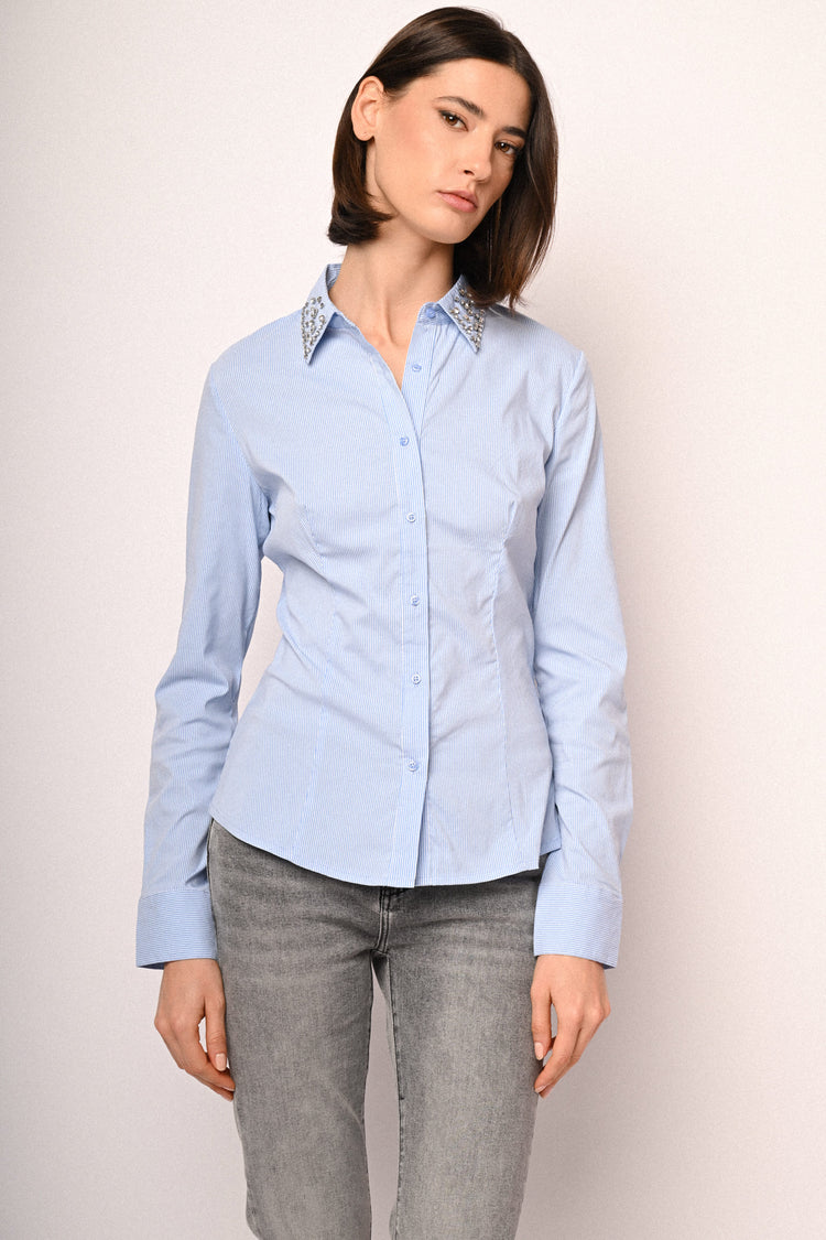 Rhinestone collar striped shirt