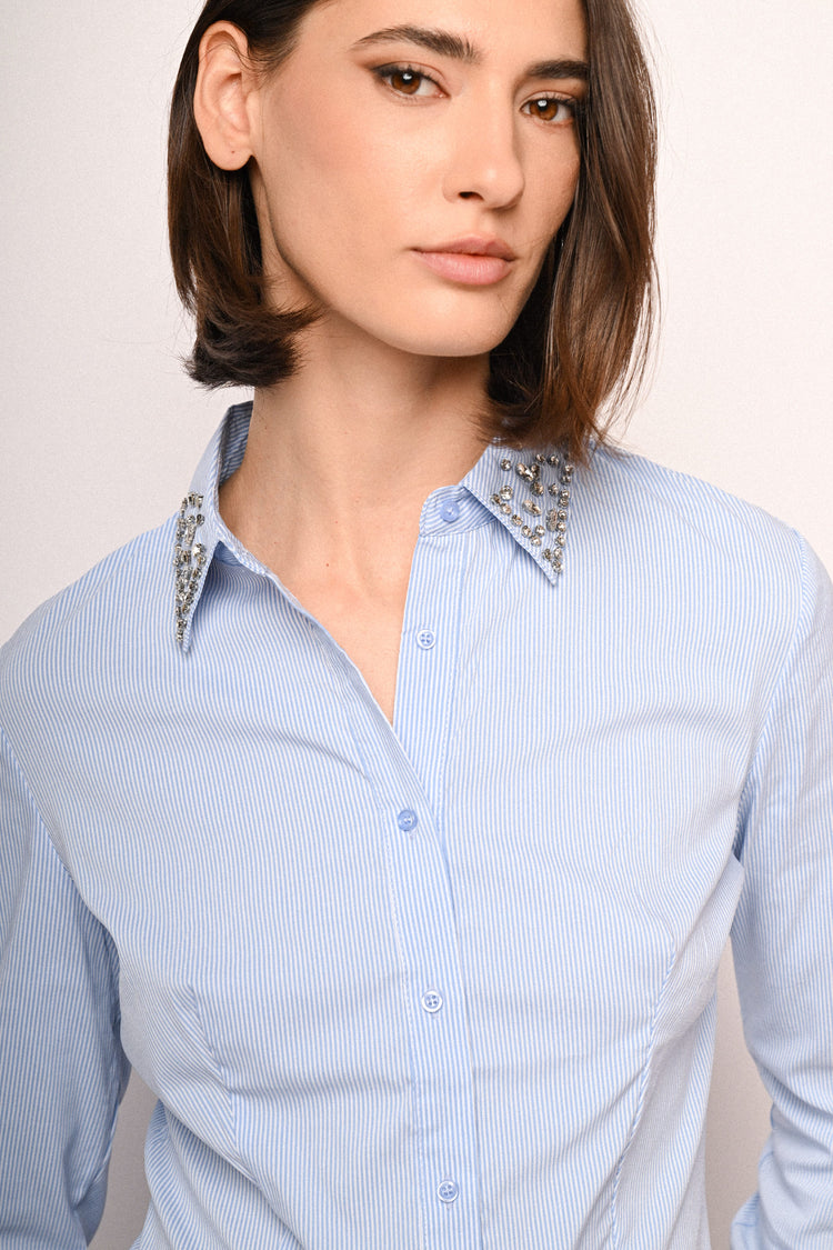 Rhinestone collar striped shirt
