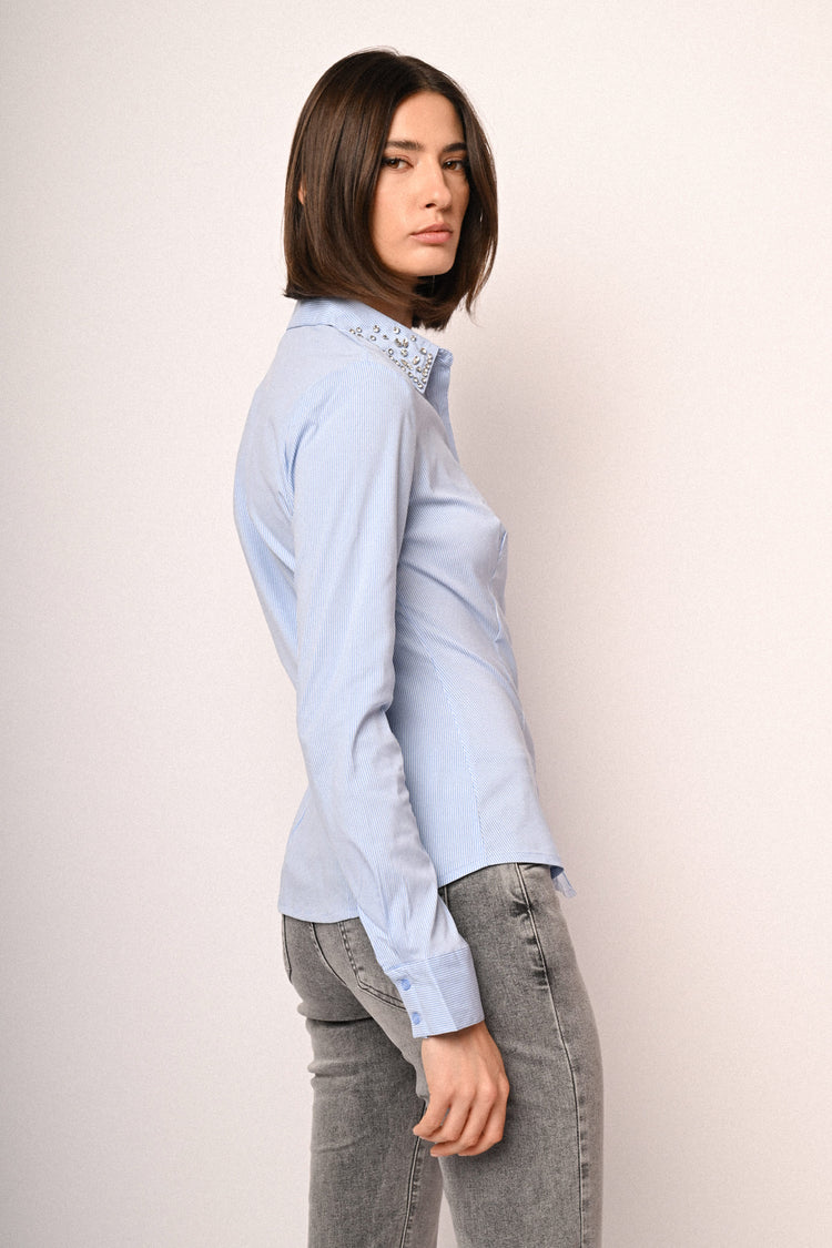Rhinestone collar striped shirt