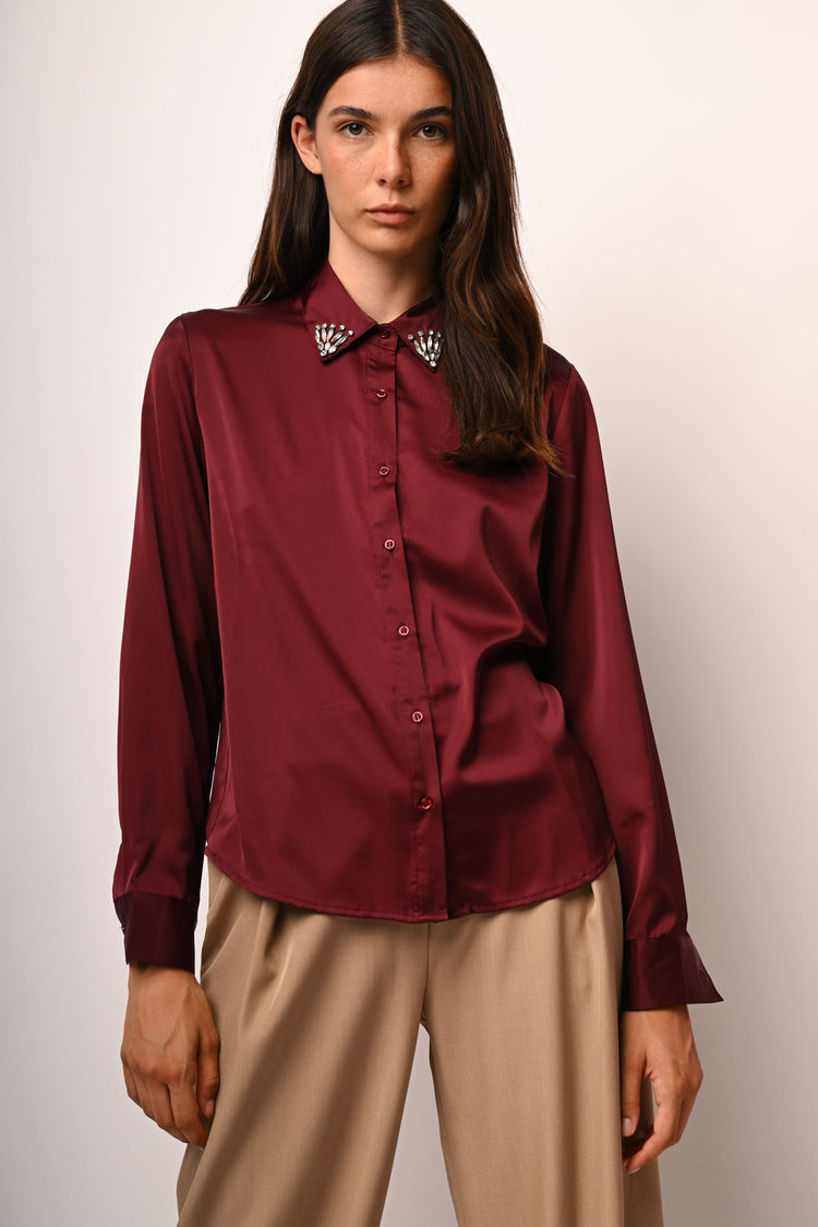 Rhinestone-collar satin shirt