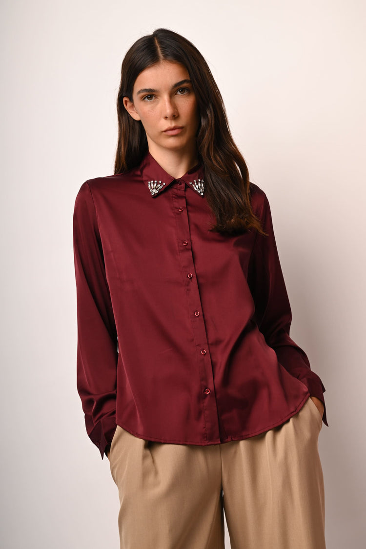 Rhinestone-collar satin shirt