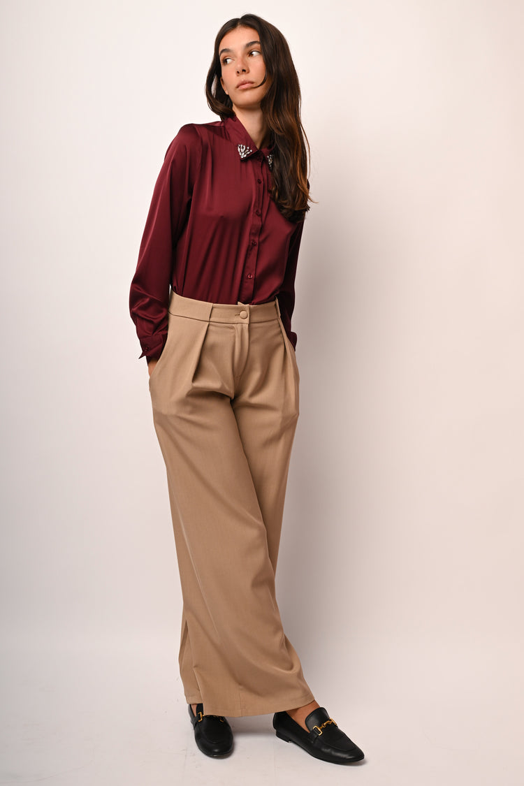 Rhinestone-collar satin shirt