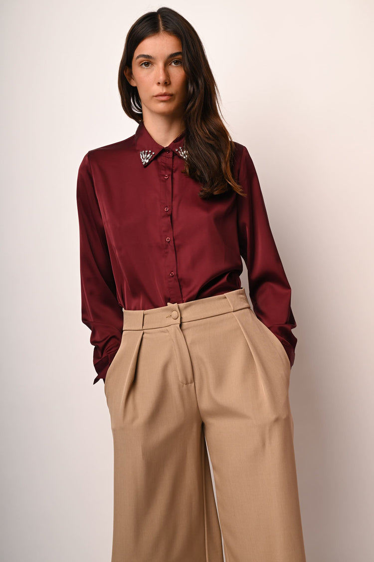Rhinestone-collar satin shirt