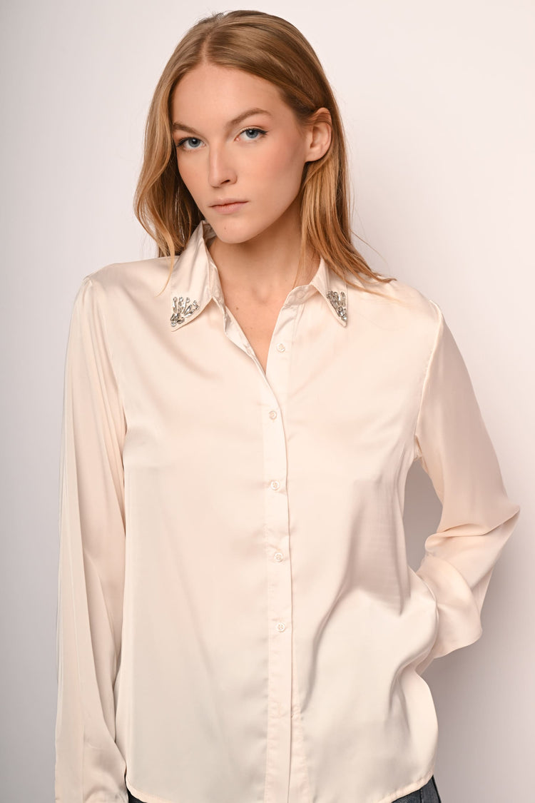Rhinestone-collar satin shirt