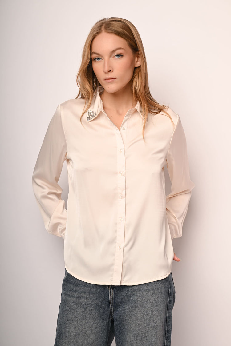 Rhinestone-collar satin shirt